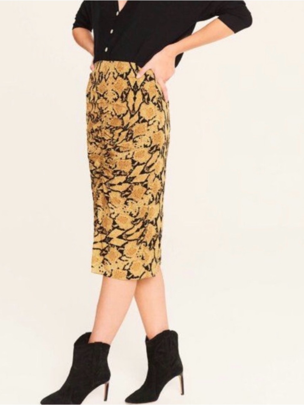 ba&sh Yellow and Black Snake-Print Midi Pencil Skirt